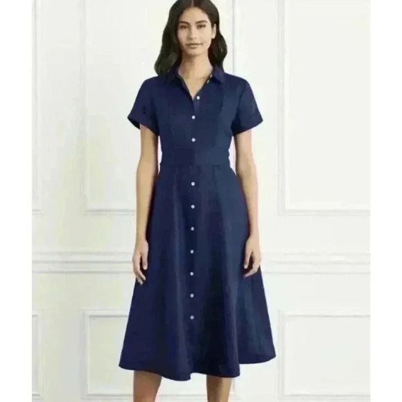 Hill House Lily Midi Dress Linen Navy Blue Fit & Flare Shirt Dress XXS 2XS NWT - Picture 1 of 6